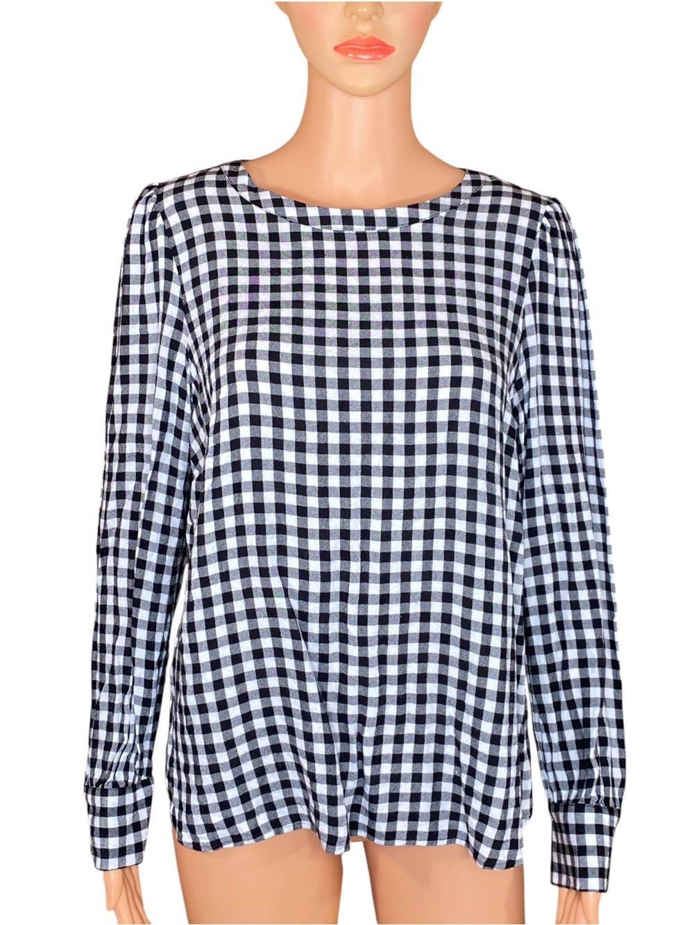 LOFT Black White Gingham Blouse Cottagecore Long Sleeve Button Closure Crewneck